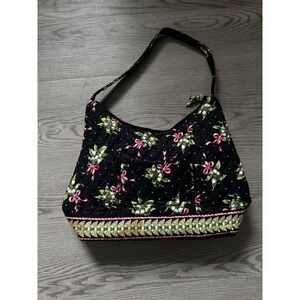 Vera Bradley Lily Bell Quilted Cotton Shoulder Bag Black Floral Pink Bows Hobo